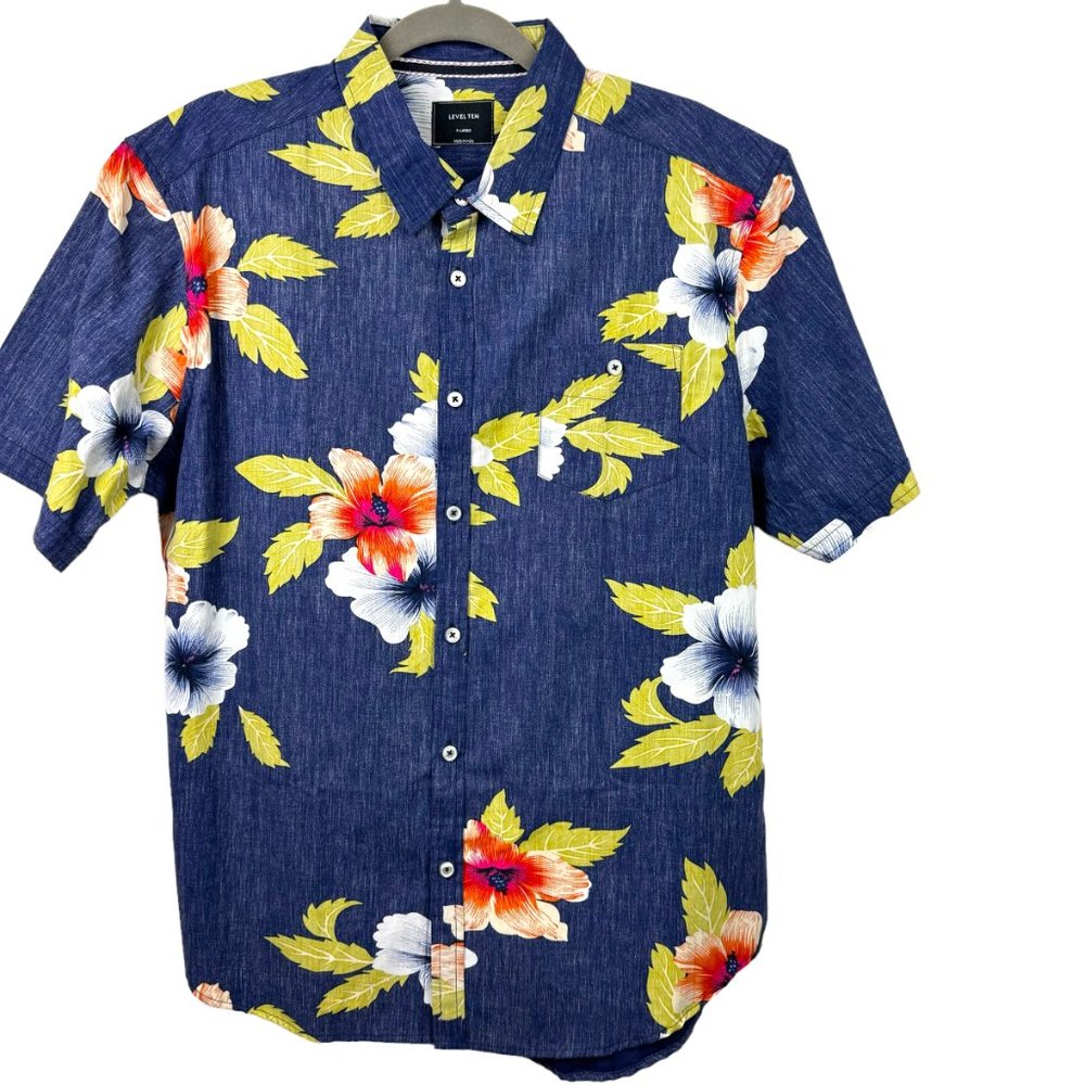 Level Ten Shirt Mens XL Blue Floral Tropical Hawaiian Short Sleeve Button Front